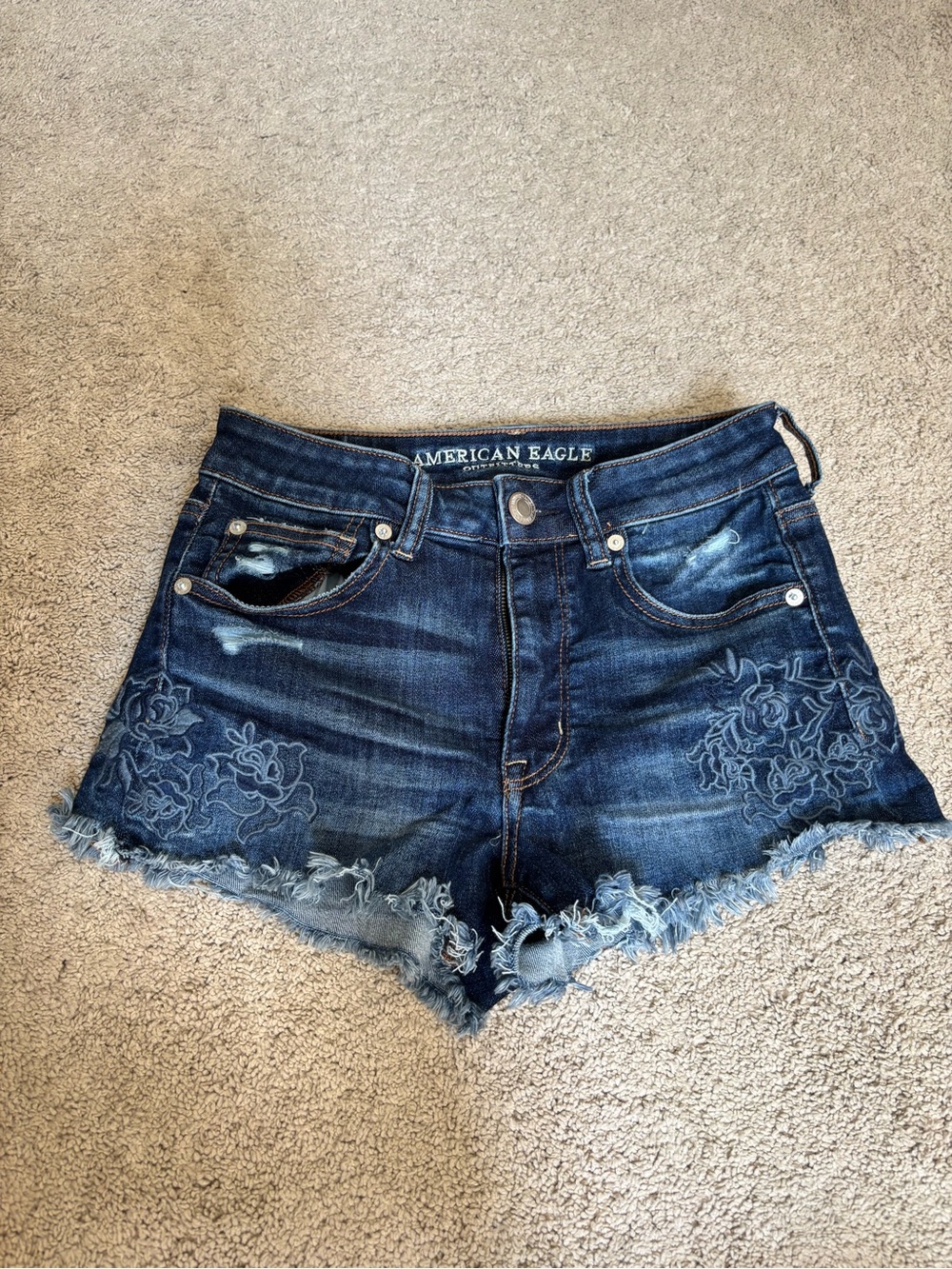 American Eagle Outfitters Navy Blue Embroidered Frayed Denim Shorts